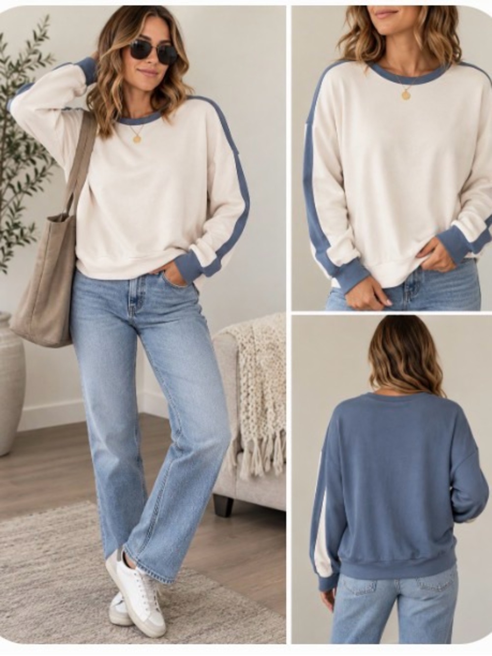 Cream and Dusty Blue Contrast Raglan Pullover - Casual Crewneck